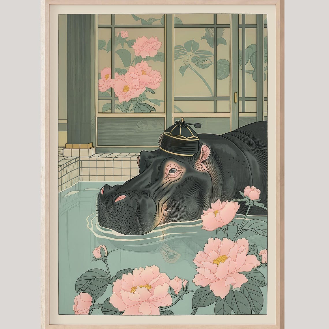 Hippo Wearing Small Hat Bathing Among Peonies Japanese Art Poster