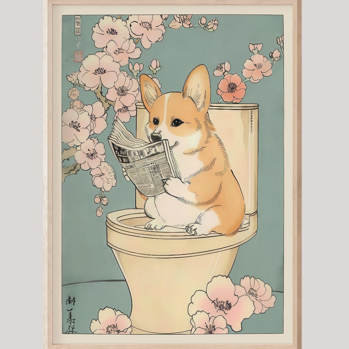 Corgi on a Toilet Japanese Bathroom Decor Art Print