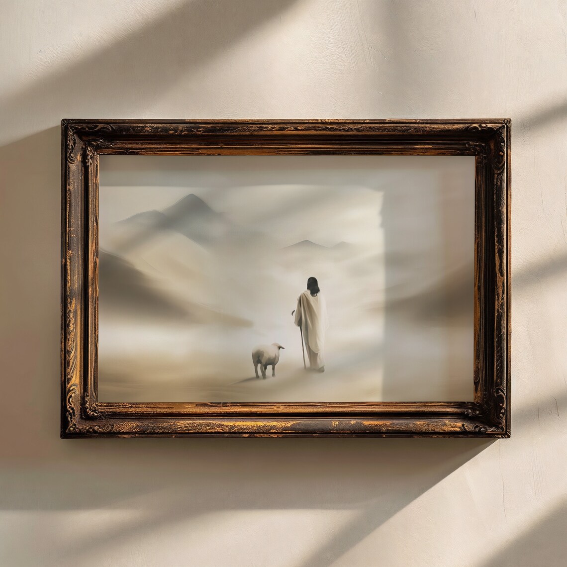 Shepherd With Lost Sheep Misty Mountains Christian Faith Art Print - Image 3