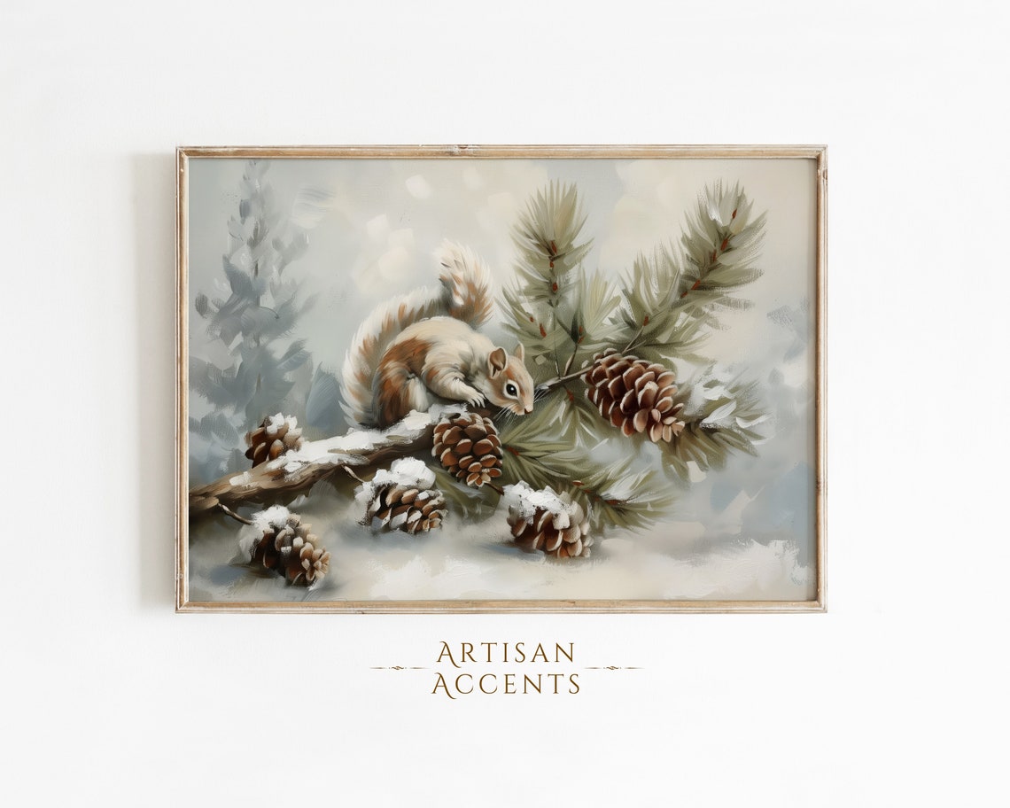 Squirrel On Snowy Pine Branch With Pinecones Winter Painting Print