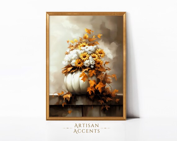 Autumn Pumpkin Vase Sunflowers Fall Leaves White Blooms Floral Art Poster