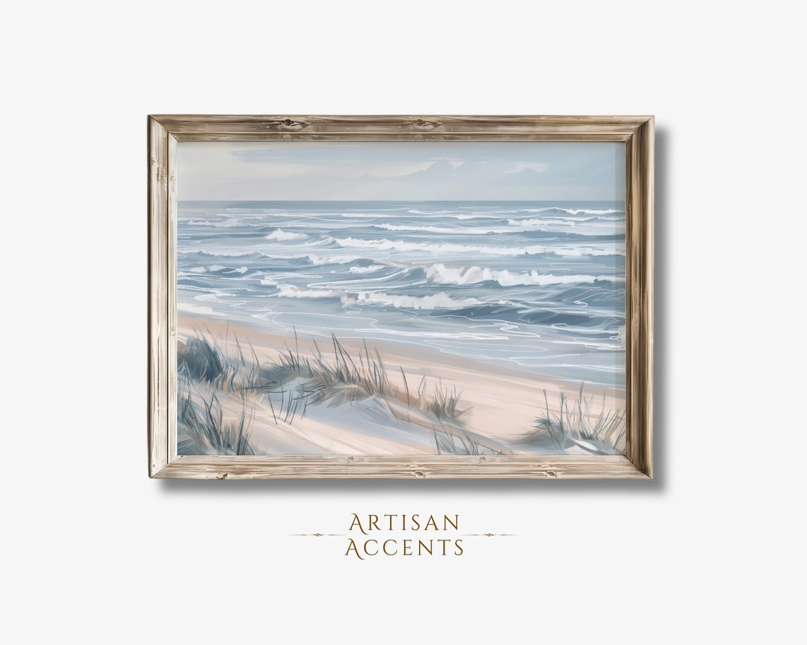 Ocean Waves Rolling Over Sandy Beach Dunes Coastal Painting Print