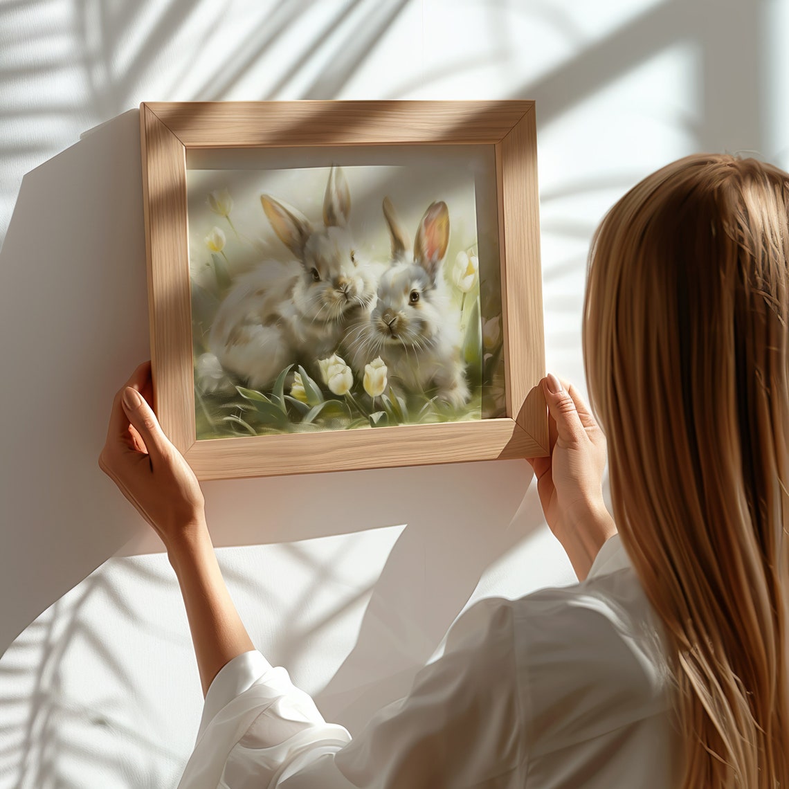 Two White Bunnies Among Tulips Spring Floral Oil Painting Wall Art - Image 3