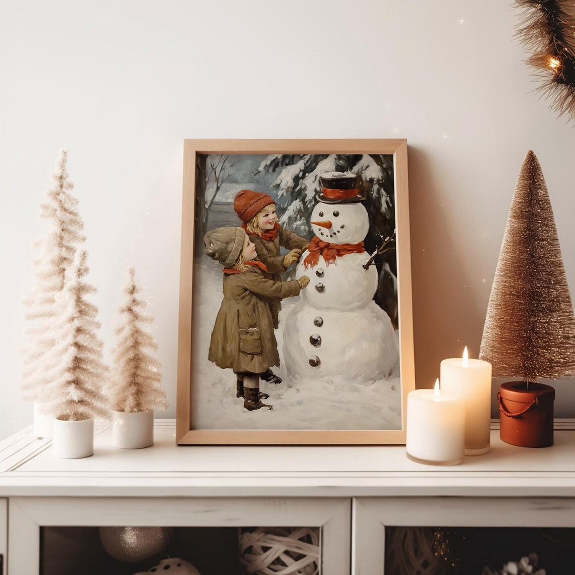Children Building A Snowman Vintage Christmas Winter Scene Wall Art - Image 2