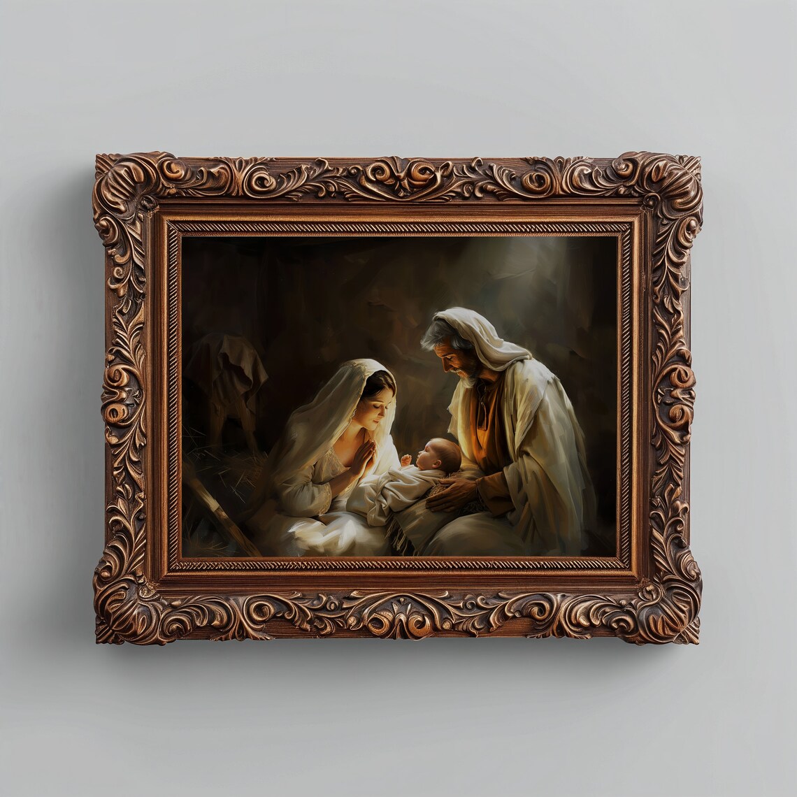 Nativity Scene Mary Joseph Baby Jesus Warm Light Religious Oil Painting Poster - Image 5