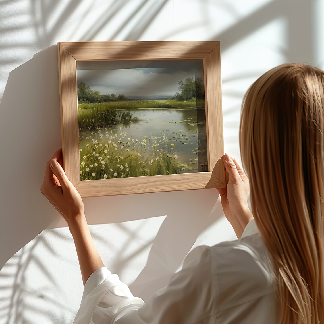Wildflower Meadow Pond Vintage Landscape Oil Painting Art Print - Image 3