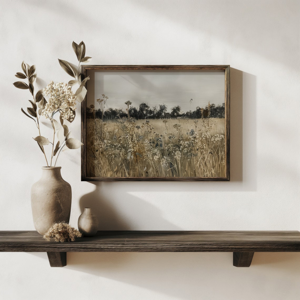Wildflower Field In Neutral Tones Rustic Meadow Oil Painting Art Print - Image 3