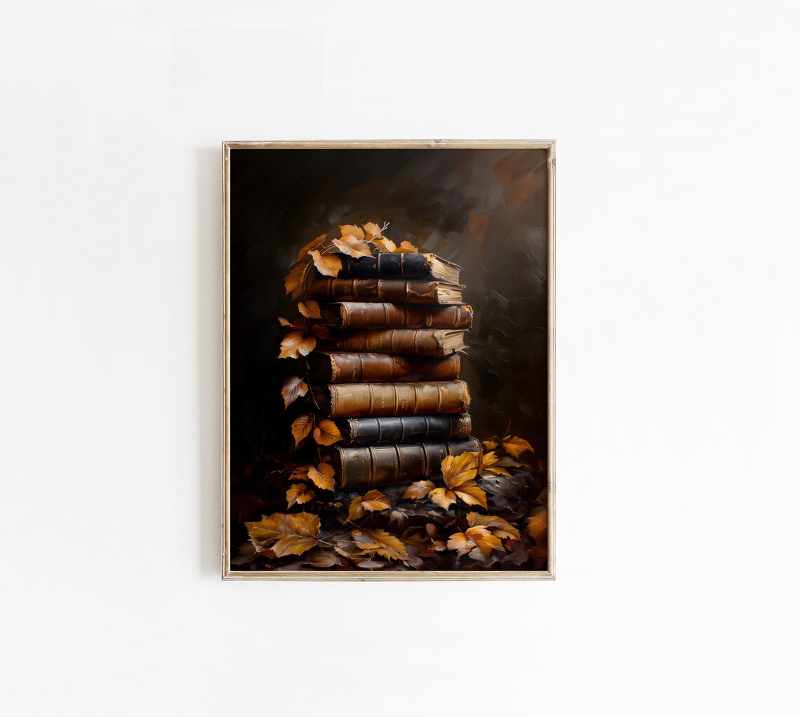 Stacked Vintage Books With Autumn Leaves Fall Decor Oil Painting Print - Image 5