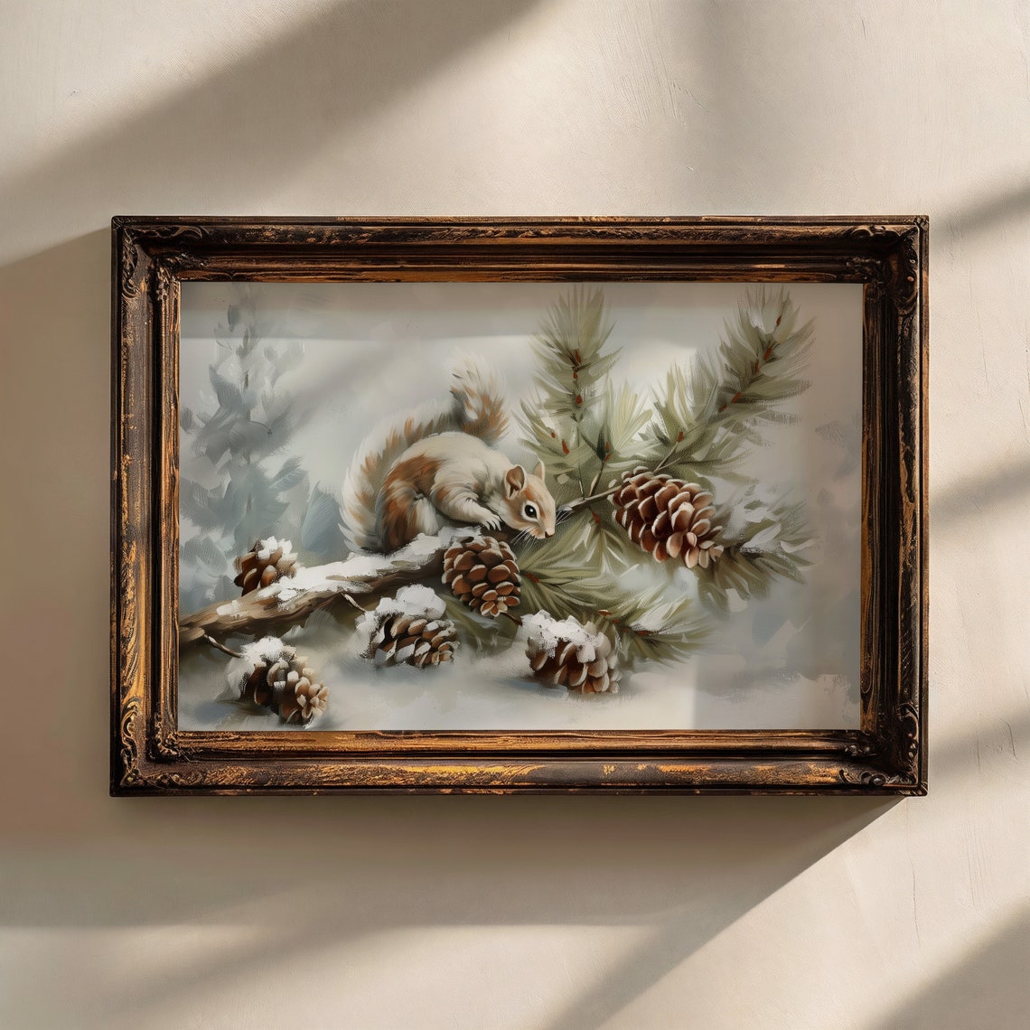 Squirrel On Snowy Pine Branch With Pinecones Winter Painting Print - Image 3
