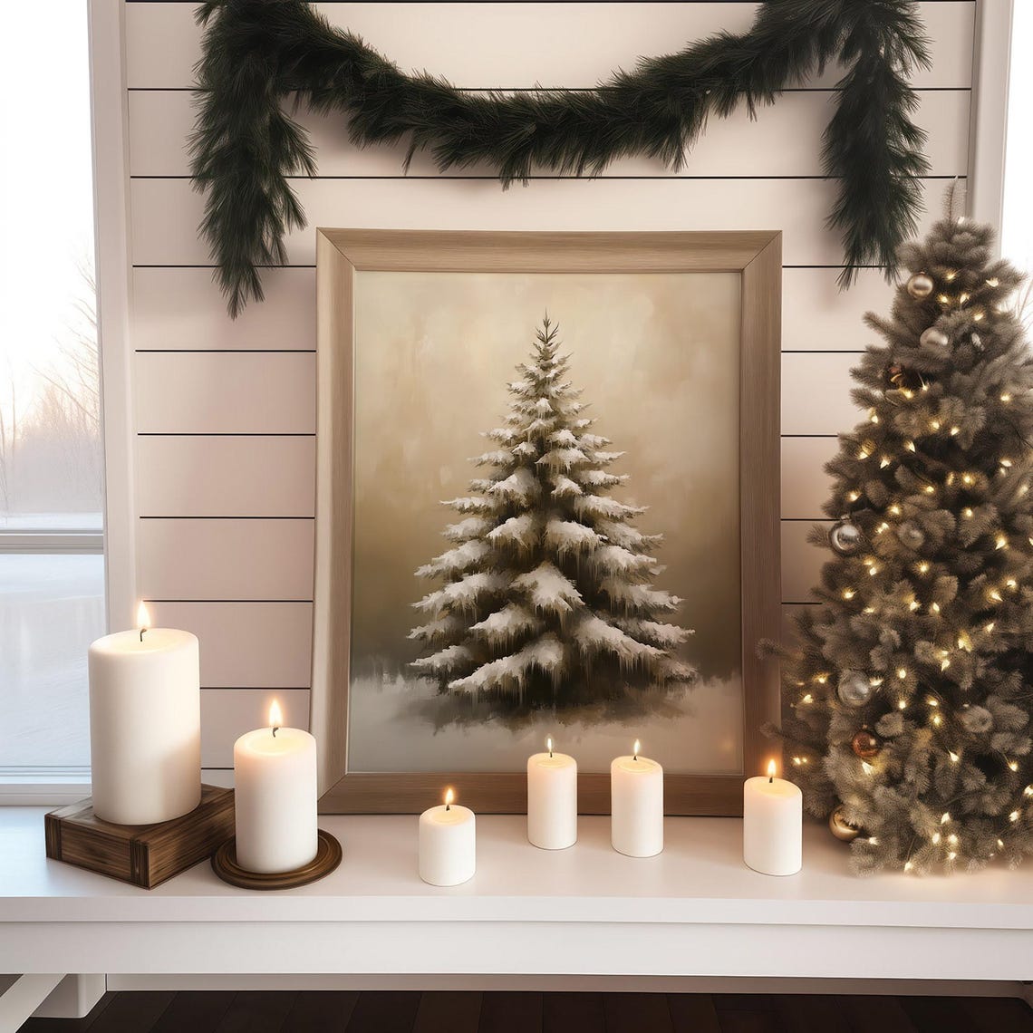 Snowy Evergreen Tree Beige Gold Minimalist Christmas Wall Art Print - Image 2