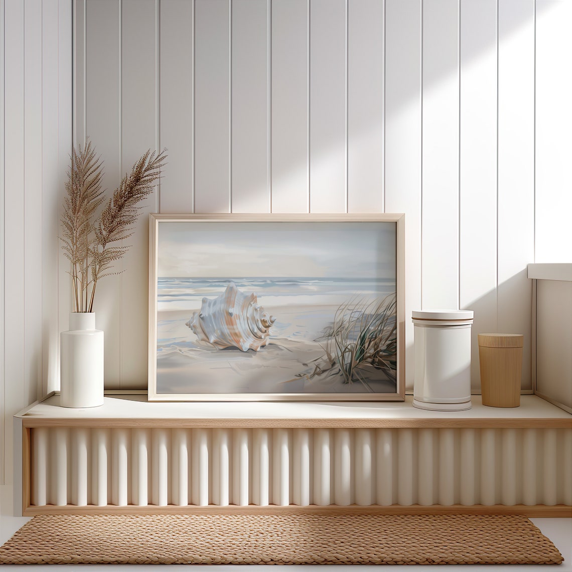 Seashell On Sandy Beach Ocean Waves Serene Coastal Still Life Print - Image 4