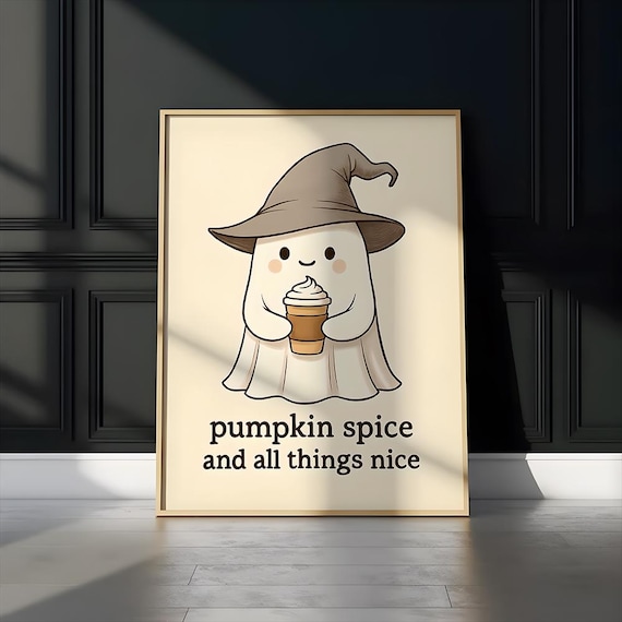 Cute Coffee Poster Halloween Drinking Wall Art Cozy Fall Kitchen Print Ghostly Autumn Artwork