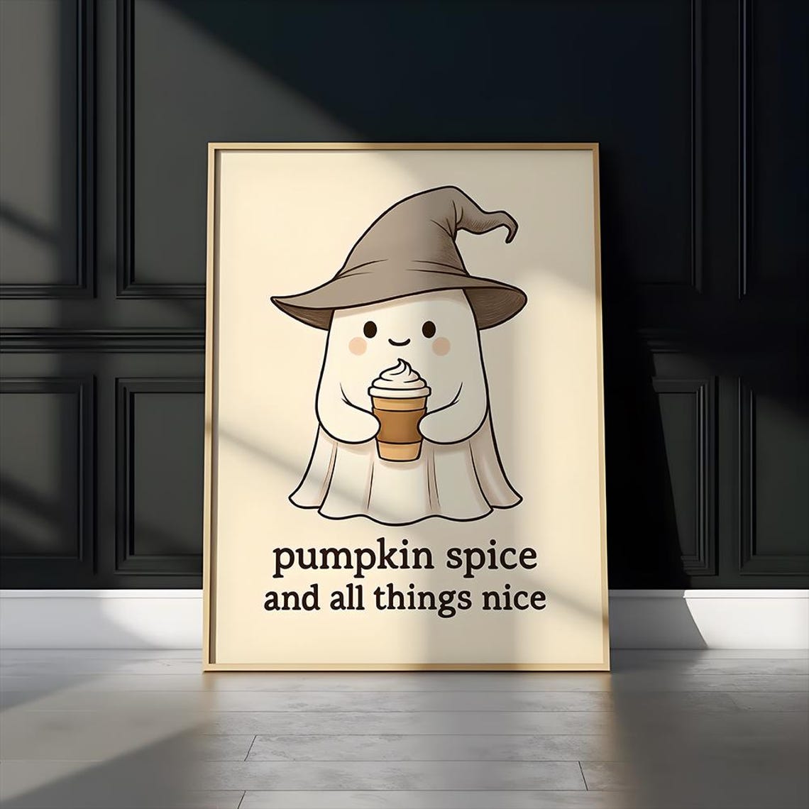 Cute Coffee Poster Halloween Drinking Wall Art Cozy Fall Kitchen Print Ghostly Autumn Artwork