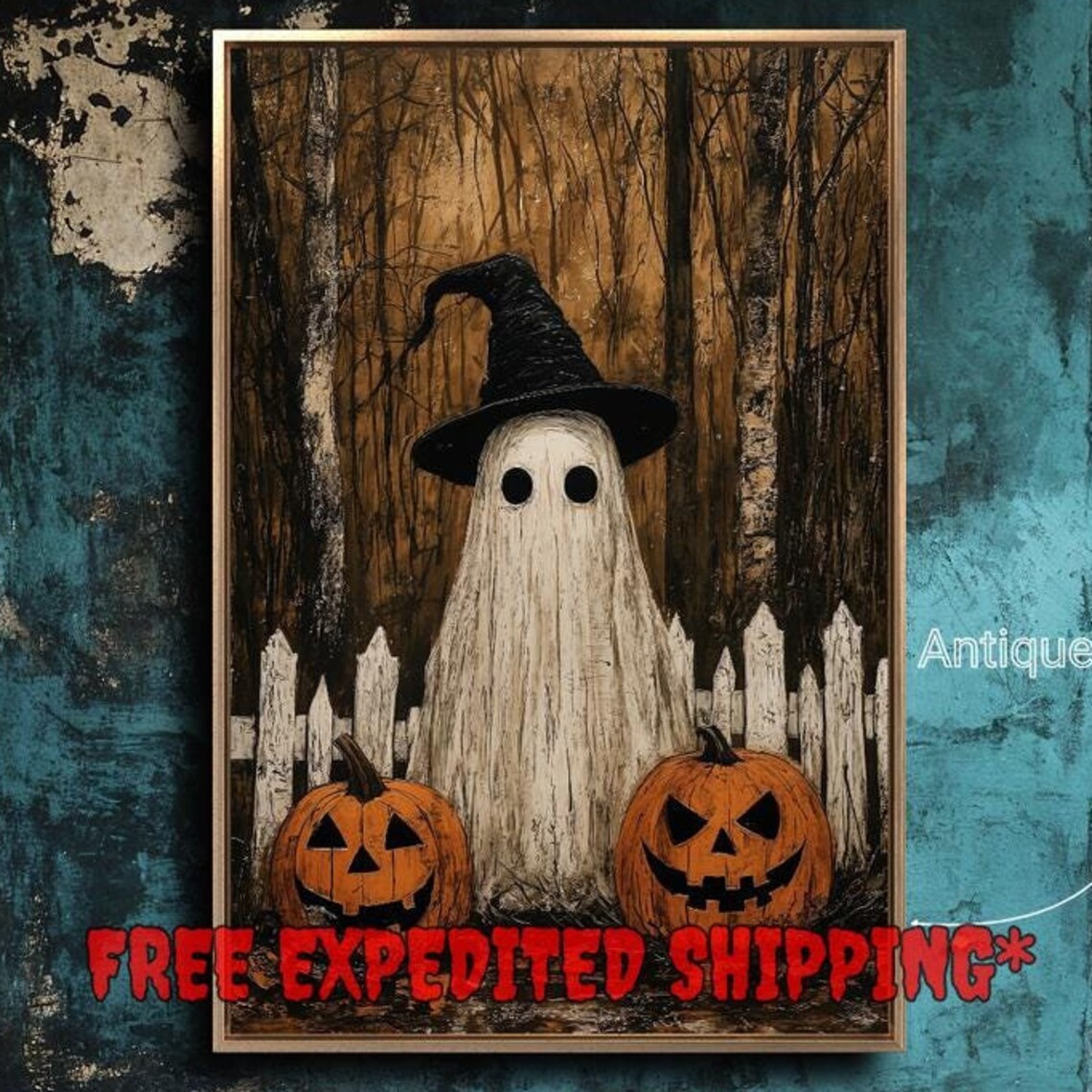 Spooky Ghost and Pumpkins, Vintage Autumn Forest Poster