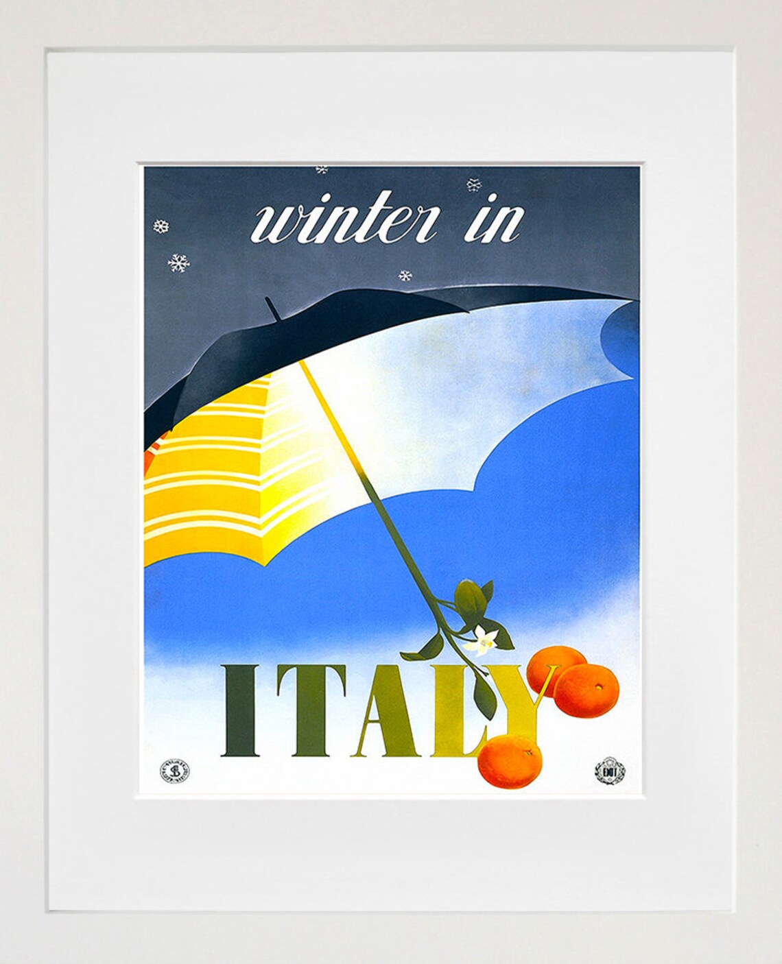 Winter in Italy Umbrella Vintage Travel Poster with Oranges and Snow