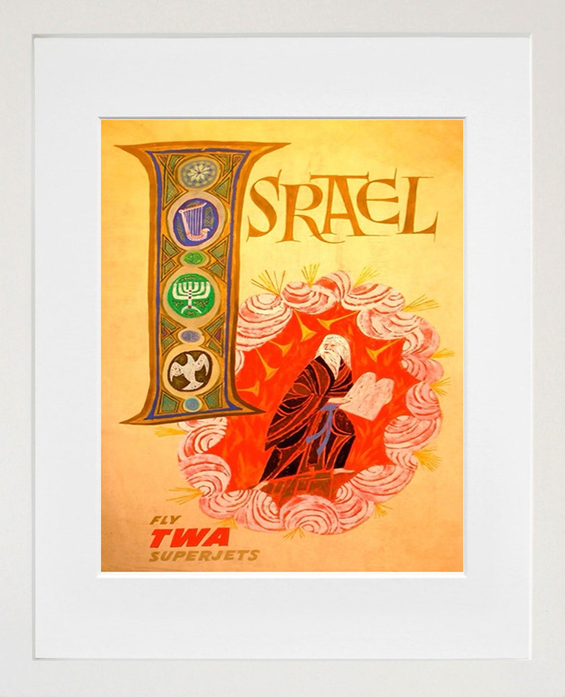 Israel Moses Biblical Illuminated Fly TWA Vintage Travel Poster