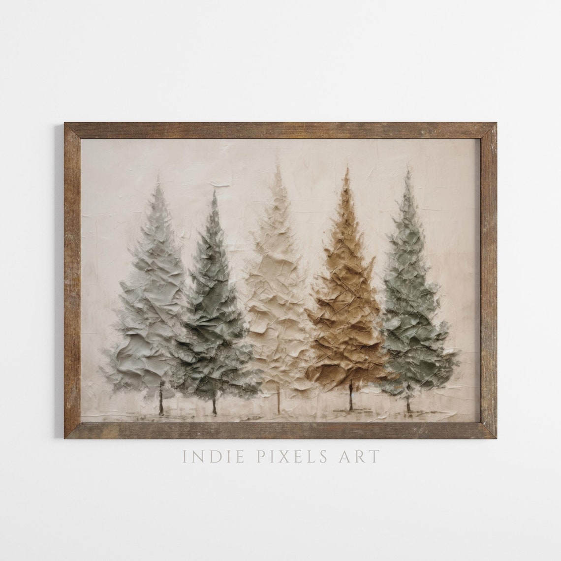 Muted Textured Five Pine Trees Winter Forest Painting Wall Art - Image 2