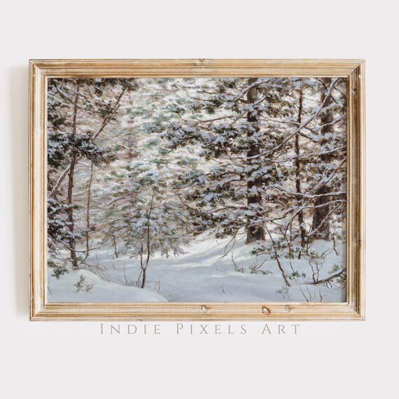 Snow Covered Pine Forest Winter Woodland Vintage Oil Painting Poster