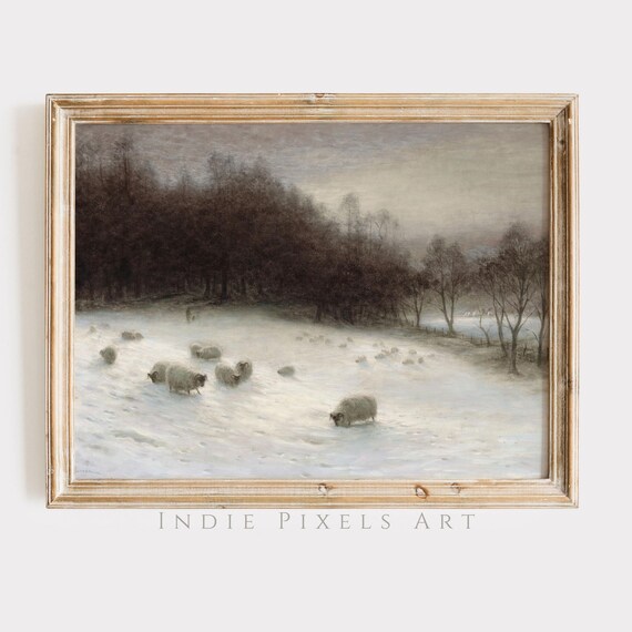 Winter Wall Art Vintage Oil Painting Winter Sheep Landscape Art Rustic Cottage Winter Decor Moody Farmhouse Decor