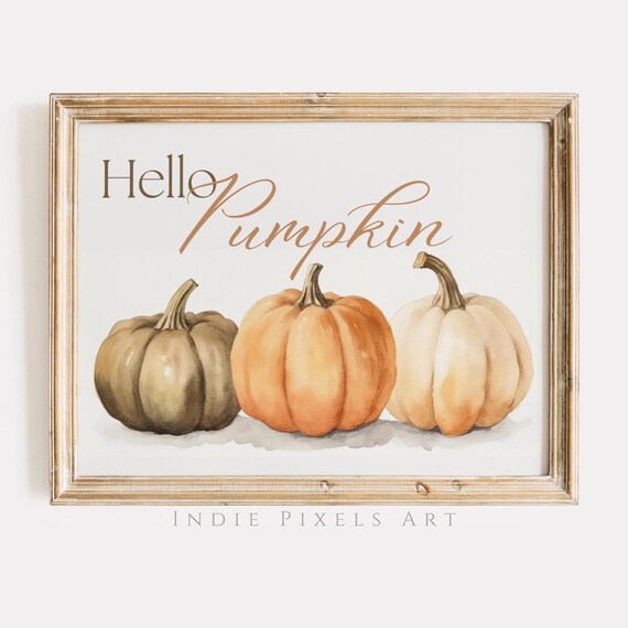 Hello Pumpkin Watercolor Pumpkins Sign Rustic Fall Harvest Art Print