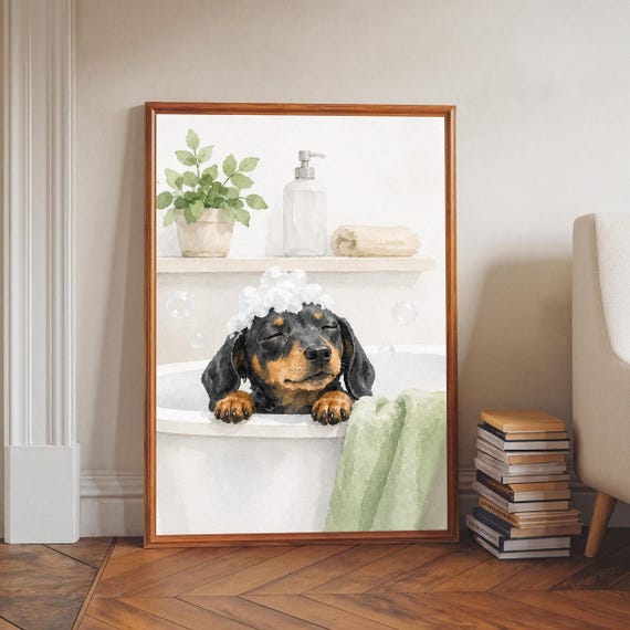 Dachshund Bathtub Wall Art Funny Dog Bathroom Print Watercolor Illustration Pet Lover Gift