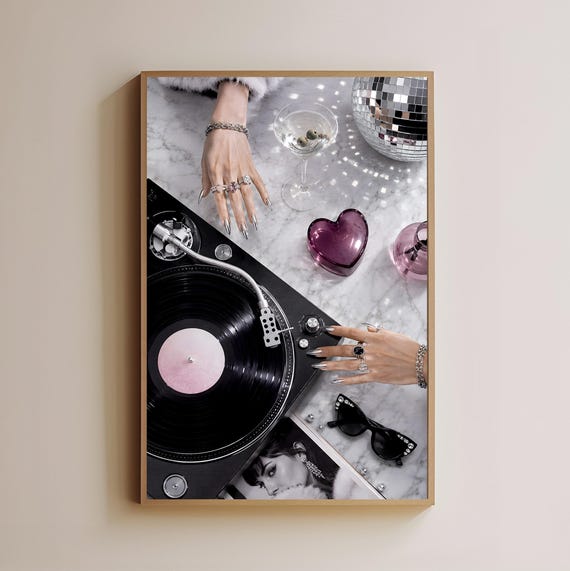 Glam Wall Art Print Record Player Martini Disco Ball Fashion Illustration Retro Luxe Decor