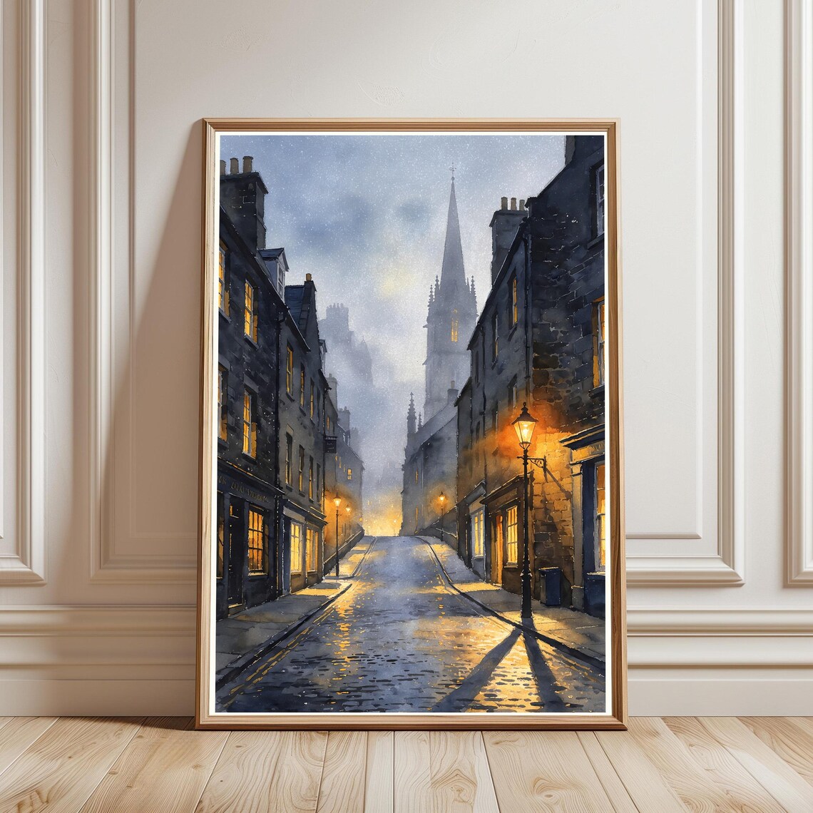 Old European Street Night Rain Church Spire Watercolor Poster