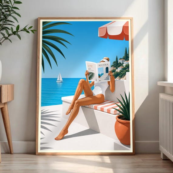 French Riviera Travel Poster Vintage Beach Art Print Mediterranean Sea Wall Decor Coastal Summer