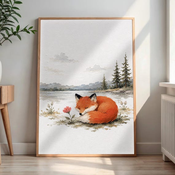Sleeping Fox Art Print Snowy Forest Animal Wall Winter Woodland Decor Nature Lover Gift