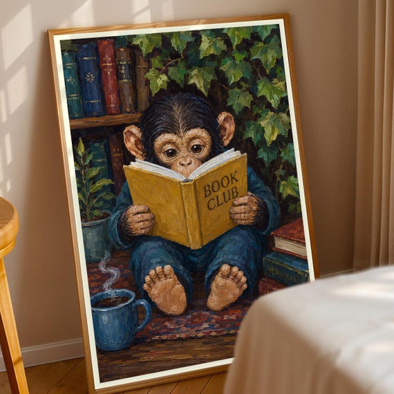 Chimpanzee Reading Print Baby Chimp Wall Art Book Club Animal Nursery Library Decor