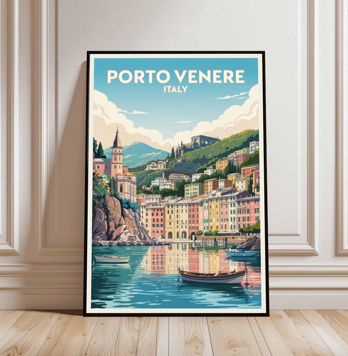Porto Venere Italy Travel Colorful Harbor Boats Retro Coastal Poster