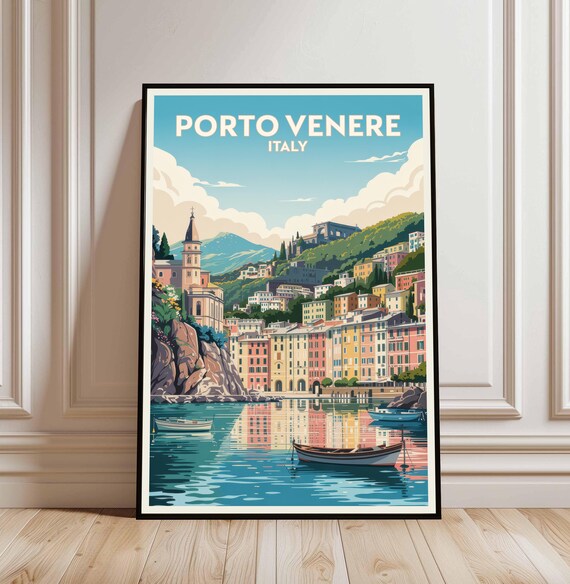 Porto Venere Italy Travel Colorful Harbor Boats Retro Coastal Poster