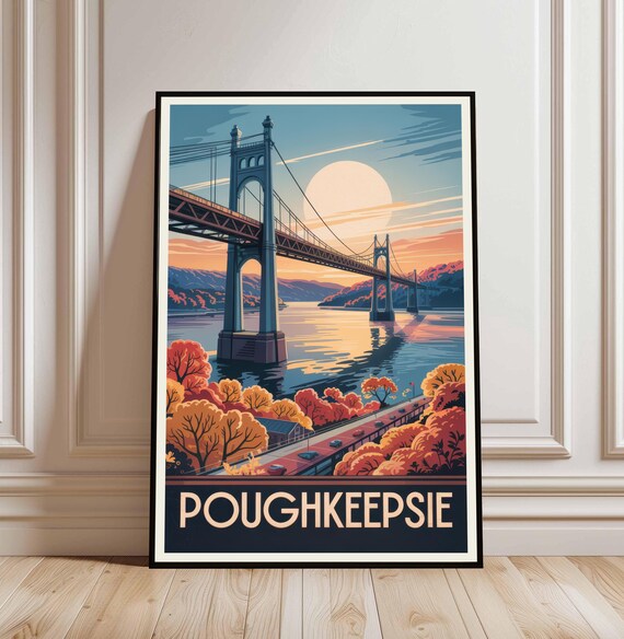 Poughkeepsie Vintage Travel Poster Hudson River Bridge Autumn Sunset