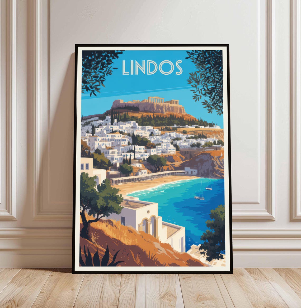 Lindos Rhodes Greece Whitewashed Town Bay Vintage Travel Poster