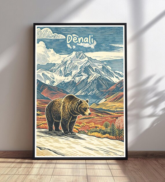 Denali Alaska Grizzly Bear Woodcut Style Travel Poster Mountain Peaks Art