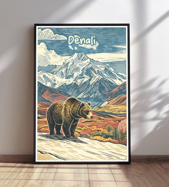 Denali National Park Print Alaska Travel Poster Grizzly Bear Wall Art Vintage Landscape Decor