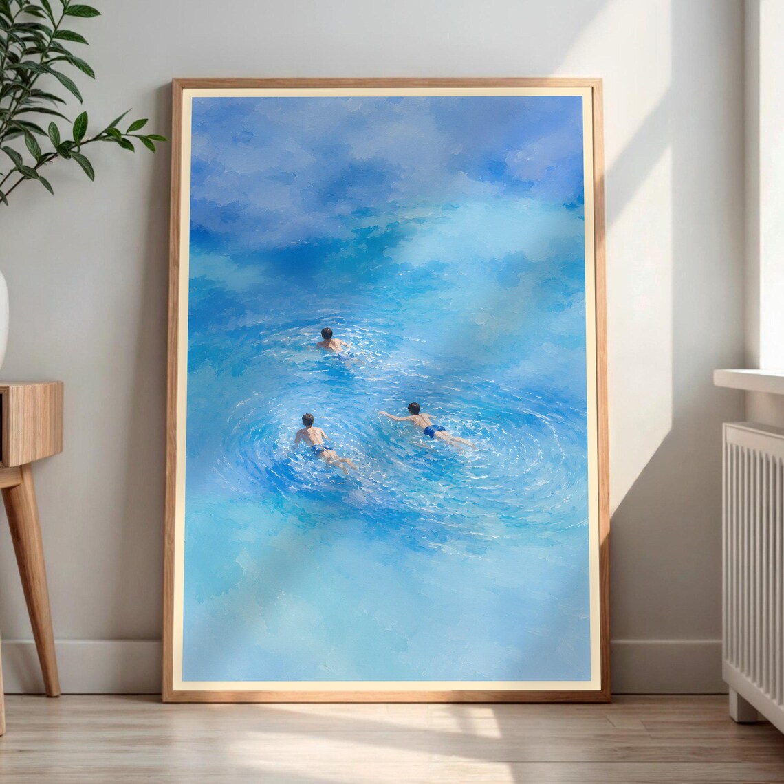 Boys Swimming Impressionist Water Painting, Lake Art