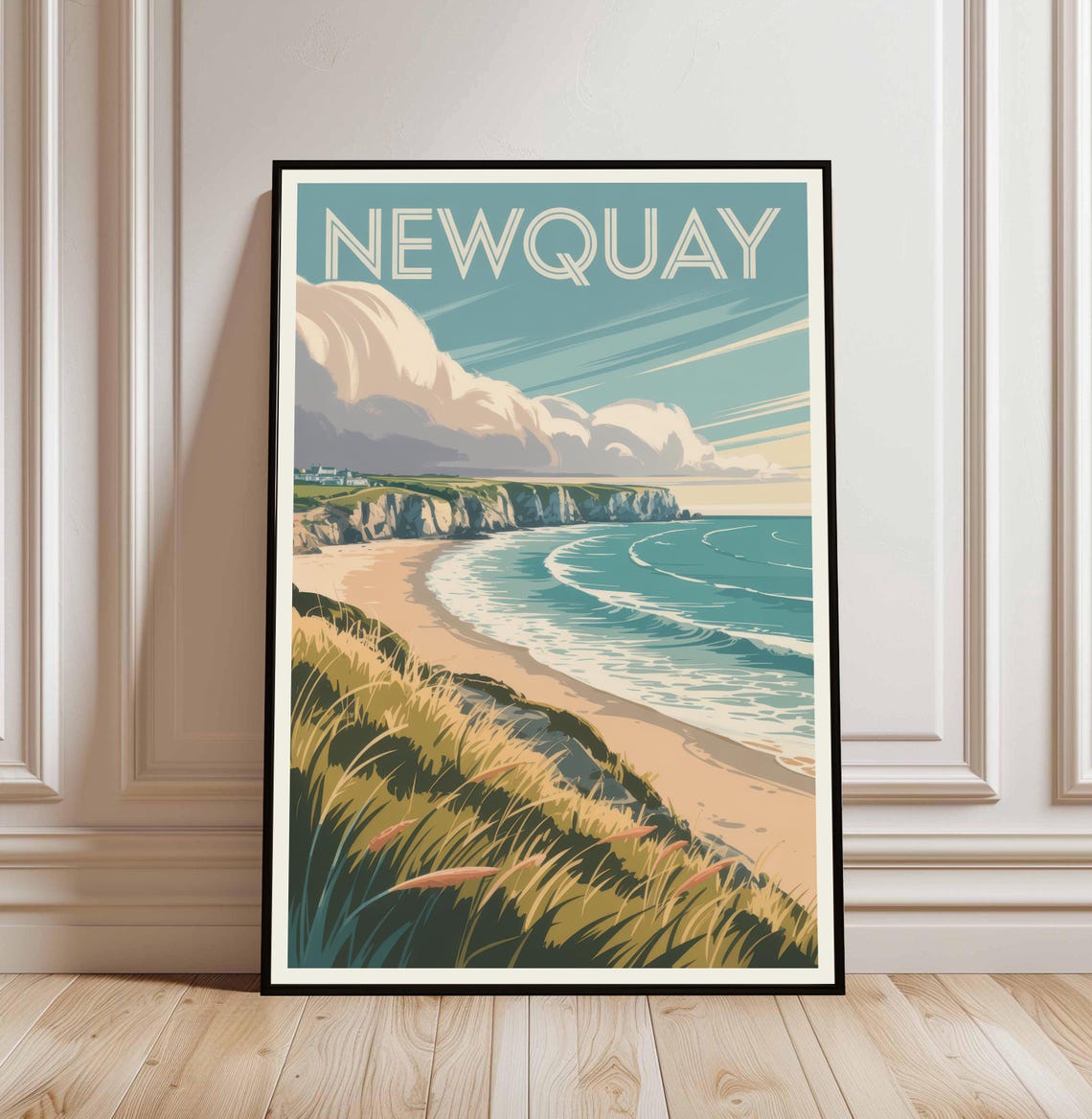 Newquay Cornwall Beach Waves Cliffs Vintage Travel Art Poster