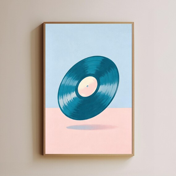 Vinyl Record Wall Art Teal Pink Music Print Retro Player Minimalist Poster