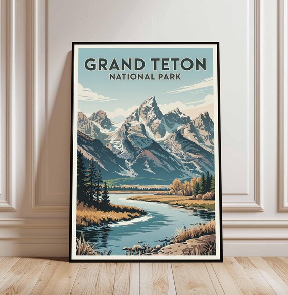 Grand Teton National Park Wyoming Mountains River Vintage Travel Poster