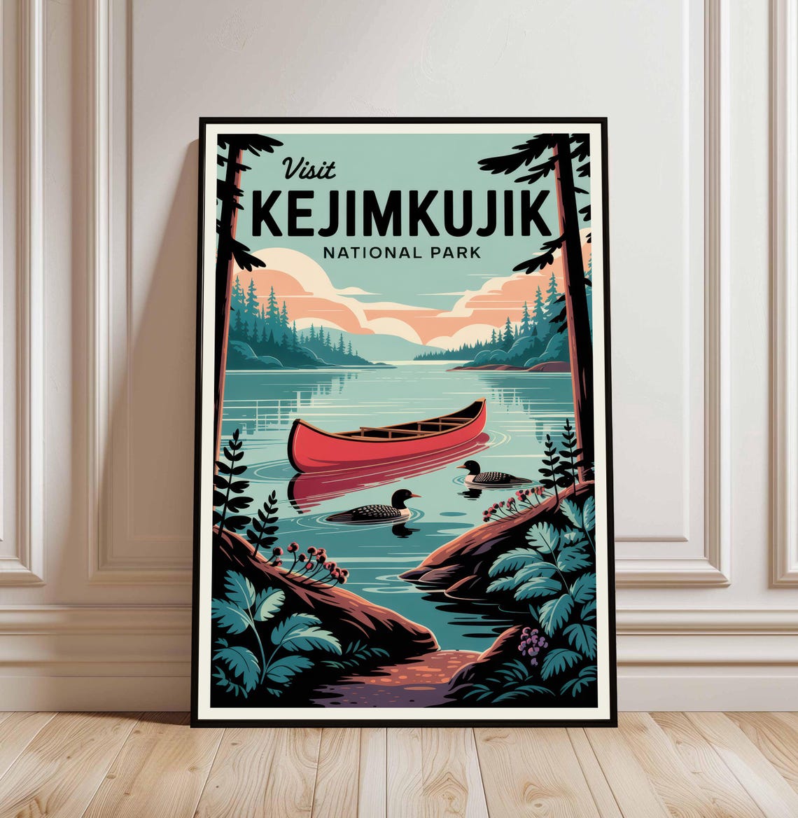 Visit Kejimkujik National Park Canoe Loons Lake Vintage Travel Poster