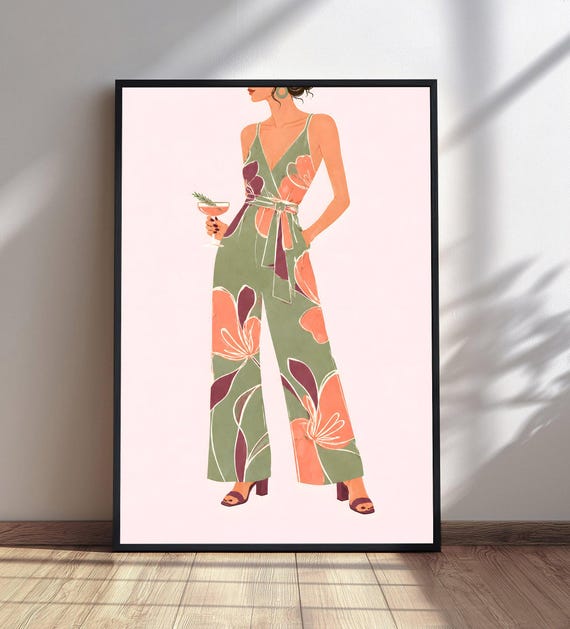 Boho Fashion Wall Art Floral Jumpsuit Woman Print Cocktail Illustration Abstract Chic Decor