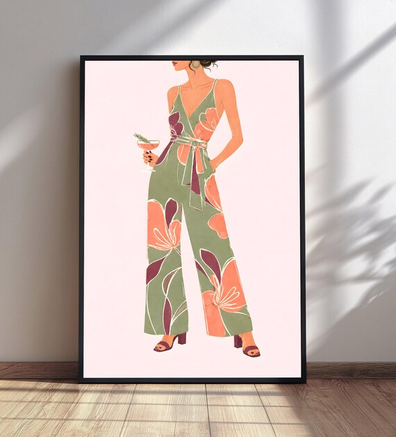 Fashion Woman Green Floral Jumpsuit Cocktail Illustration Wall Art