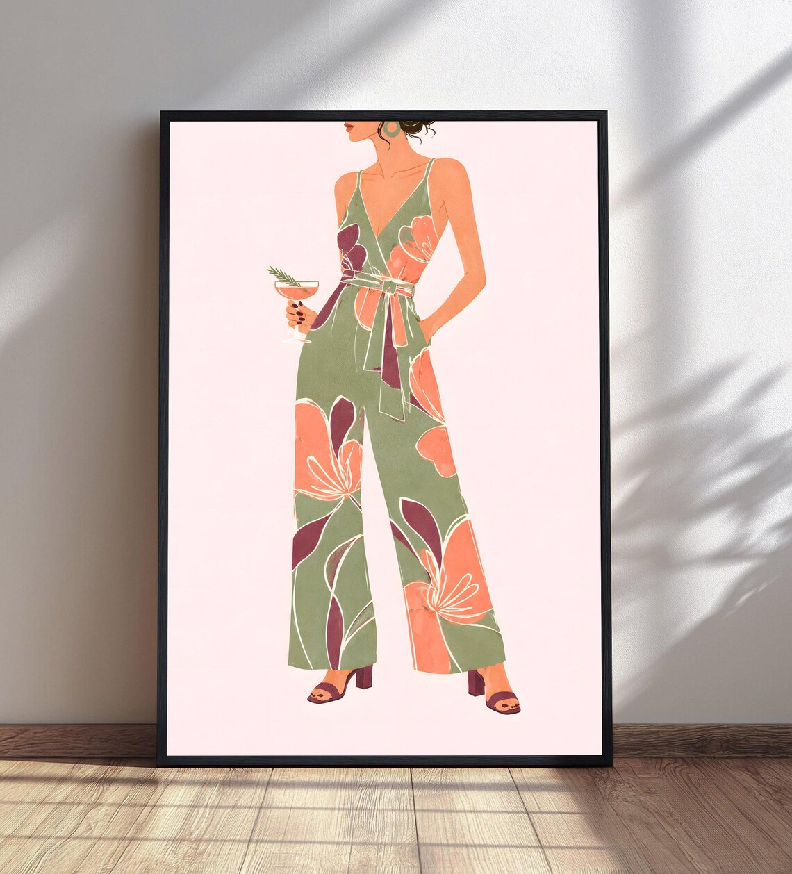 Fashion Woman Green Floral Jumpsuit Cocktail Illustration Wall Art