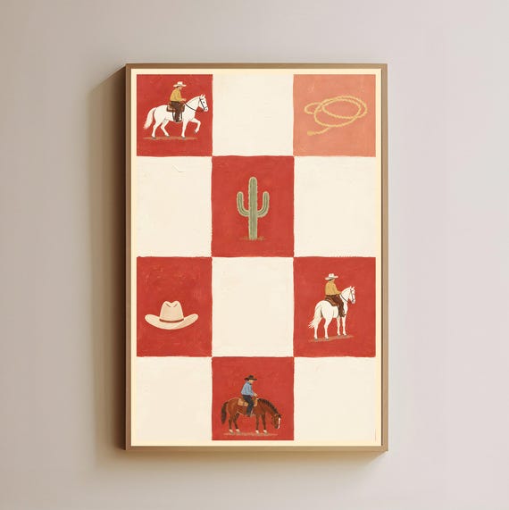 Western Checkerboard Wall Art Cowboy Hat Print Cactus Rodeo Decor Horseback