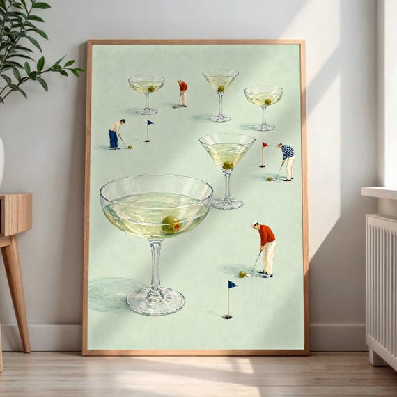 Miniature Golfers Putting on Giant Martini Glasses Funny Golf Poster