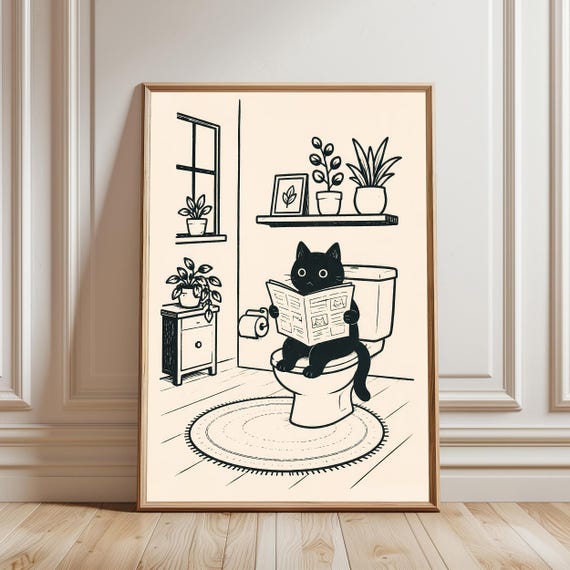 Black Cat On Toilet Reading Newspaper Funny Bathroom Wall Art Whimsical Poster Lover Gift