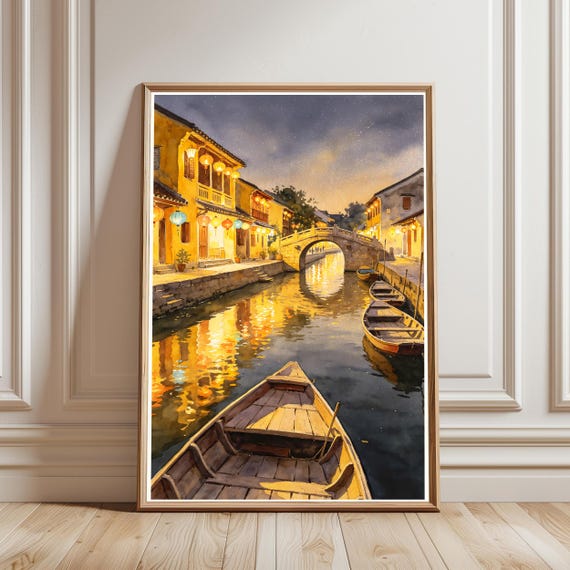 Asian Canal City Print Watercolor Landscape Painting Night Lantern Scene Stone Bridge Wall Art