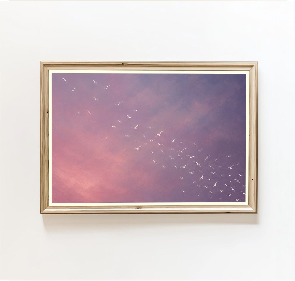 Flying Birds Wall Art Print Pink Purple Sky Decor Gradient Hanging Abstract Nature