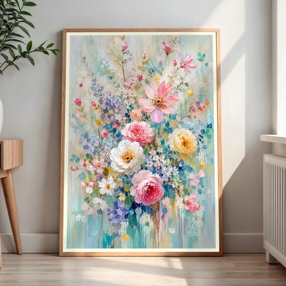 Impressionist Floral Bouquet Pink Blue Yellow Wildflowers Art Print
